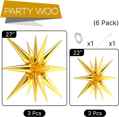 PartyWoo Metallic Gold Star Foil Balloons - 6 Different Sizes | 22-Inch Mylar Balloons for Weddings, Graduations & Birthdays