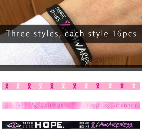 Biubee Breast Cancer Awareness Bracelets - 48Pcs Pink Ribbon Silicone Wristbands for Women’s Survivor Gifts