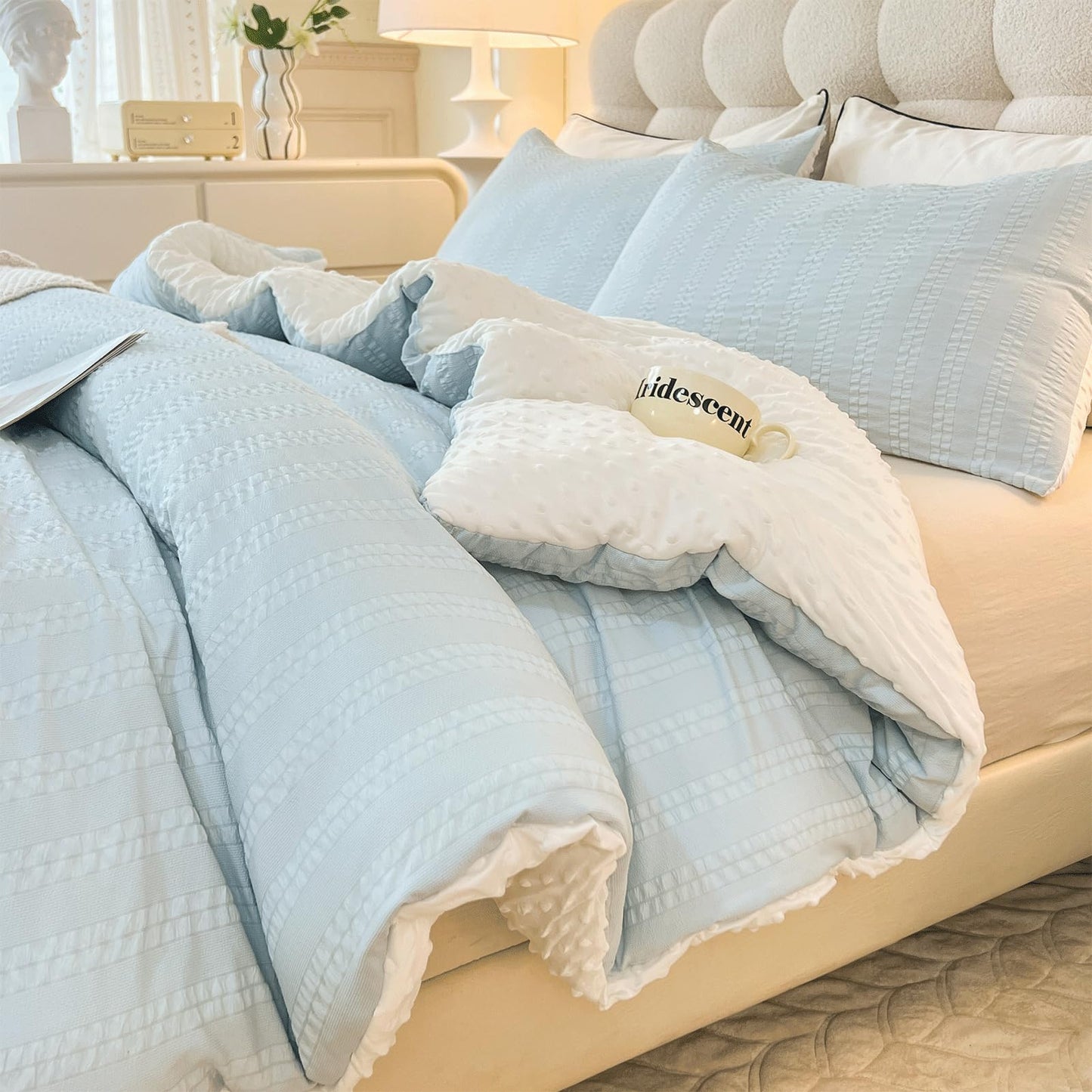 tohrisa Boho Comforter Set Twin Size Striped Pleats Bohemian Seersucker Bedding Set All Season Soft Cozy 2 Pieces Quilt with 1 Pillowcase(68"X90" Light Blue)