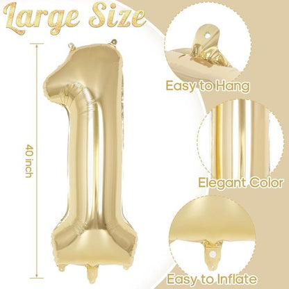 Champagne Gold Number 1 Balloon - 40 Inch Giant Mylar Foil for 1st Birthday Party & Anniversary Decor