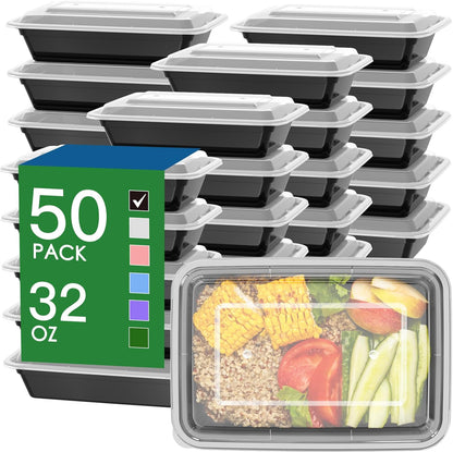 Regine Switzerland 32 oz Meal Prep Containers - 50 Pack of Reusable, Leakproof Food Storage Pans | Microwave & Dishwasher Safe, Black