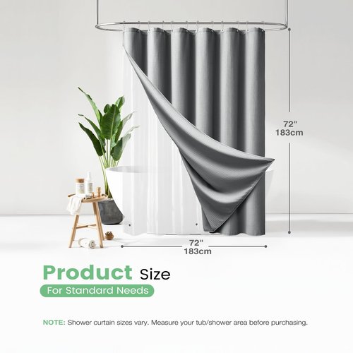 Dynamene Grey Shower Curtain and Liner Set, Waffle Weave Fabric, Waterproof Clear Liner, 256GSM Heavy Duty Weighted Hotel Luxury Shower Curtains for Bathroom with 12 Plastic Hooks, 72Wx72H