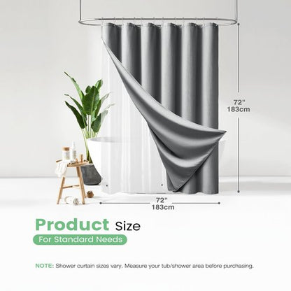 Dynamene Grey Shower Curtain and Liner Set, Waffle Weave Fabric, Waterproof Clear Liner, 256GSM Heavy Duty Weighted Hotel Luxury Shower Curtains for Bathroom with 12 Plastic Hooks, 72Wx72H