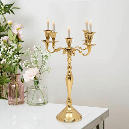 Metal Candelabra | Five Arm Decorative Candlestick Holder - 16 Inch Tall Gold Centerpiece for Weddings & Events