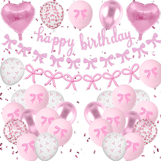 Skiennix Pink Bow Birthday Decorations - Coquette Party Set with Happy Birthday Banner & Heart Foil Balloons