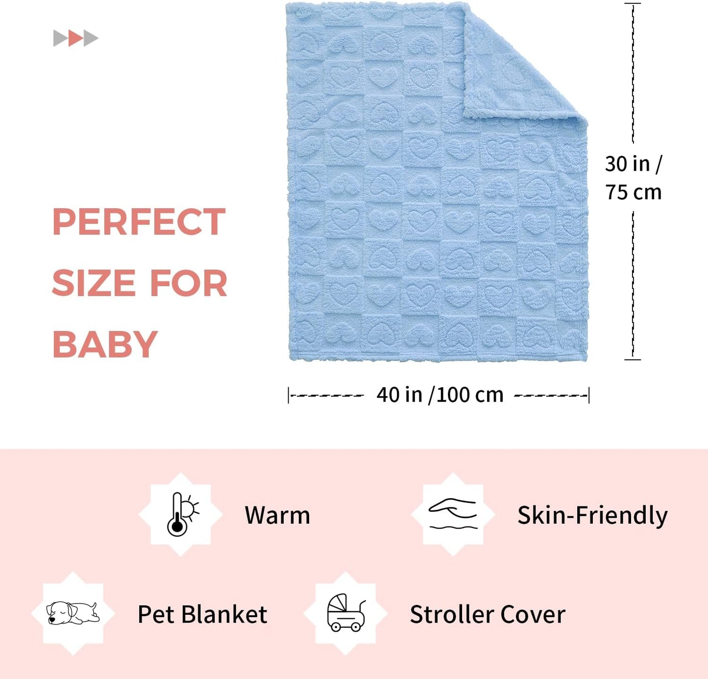 Skiennix Soft Cozy Fleece Baby Blanket - Fluffy Heart Checkered Pattern | Warm 30"x40" Light Blue Crib & Stroller Blanket for Newborns & Toddlers