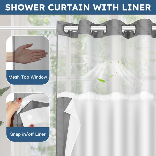 FADOTY No Hook Shower Curtain and Snap in Liner Set Grey Tufted Chevron Striped Cloth Waterproof Washable Fabric Boho Gray Bath Curtain with See Through Mesh Top Window for Bathroom Hotel 71" x 74"