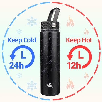 Skiennix Insulated Water Bottle - 24oz Stainless Steel Sport Bottle with 3 Lids | Marble Midnight