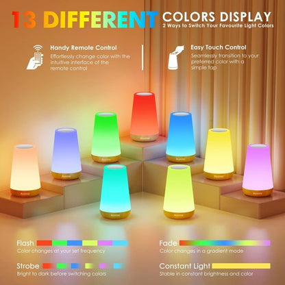 Auxmir LED Night Light - Touch & Remote Control Dimmable Tabletop Lamp | 13 RGB Colors, Rechargeable, Portable for Kids & Nursery