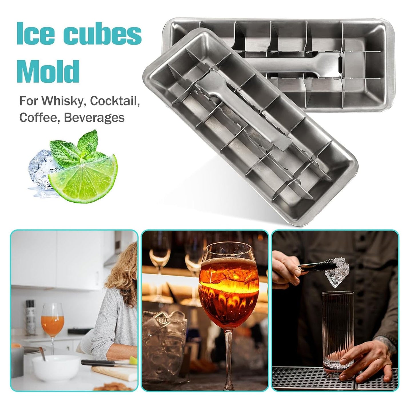 Metal Ice Cube Trays, Stainless Steel Ice Cube Trays, 18-Slot Ice Cube Tray with Easy Release Handle, Detachable Ice Trays for Bars Kitchens Dishwasher, Stainless Steel Ice Cube