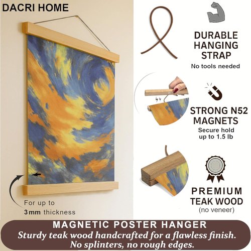 DACRI HOME Magnetic Poster Hanger Frame - Sturdy Teak Wood Design for 24x18, 24x30, 24x36 Prints