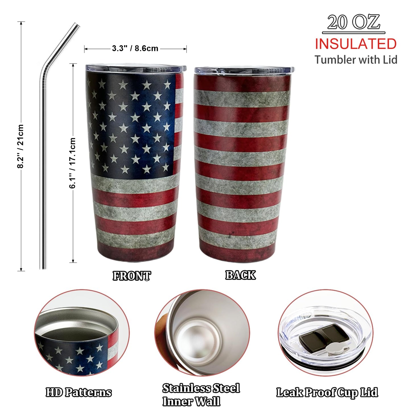 DENNSHH 4th of July Decorations American Flag Independence Day Patriotic Decor Stainless Steel Insulated Tumblers, Memorial Day, Veterans Day, Presidents Election Day Cup Gifts, 20Oz