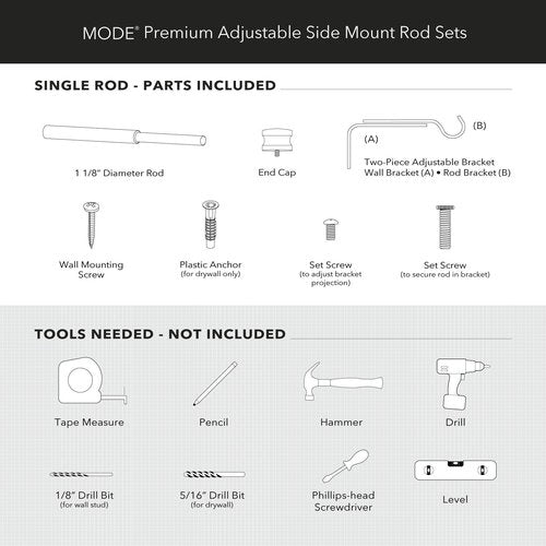 MODE Premium Collection Side Mount 1 1/8" Diameter Curtain Rod Set of Two with Matte Black End Cap Finials and Steel Wall Mounted 12” to 20” Adjustable Curtain Rods, Matte Black