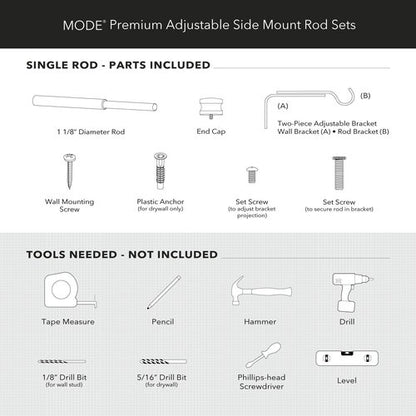 MODE Premium Collection Side Mount 1 1/8" Diameter Curtain Rod Set of Two with Matte Black End Cap Finials and Steel Wall Mounted 12” to 20” Adjustable Curtain Rods, Matte Black