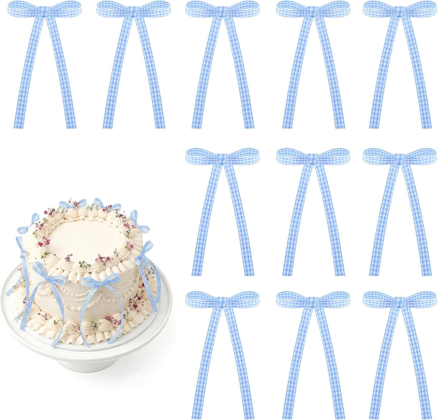 Skiennix 30 Pack Bow Cake Toppers - Blue Gingham Ribbons for Birthday & Baby Shower Decor