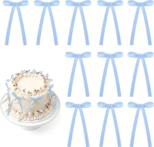 Skiennix 30 Pack Bow Cake Toppers - Blue Gingham Ribbons for Birthday & Baby Shower Decor