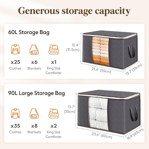 Lifewit 15-Pack 90L Clothes Storage Bins - Foldable Blanket Bags with Zippers & Clear Window