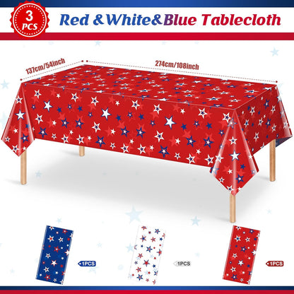 Patriotic Tablecloths by [Brand Name] - 3 Pack Disposable Rectangle Covers | Red, White & Blue Stars - 54x108 Inch for 4th of July Celebrations