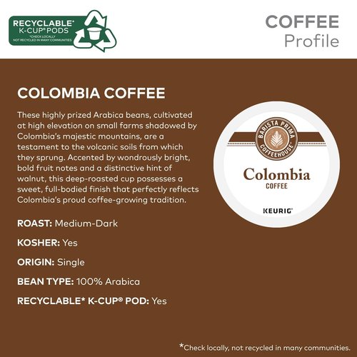 Barista Prima Coffeehouse Colombia Coffee K-Cup Pods - 96 Count for Rich Flavor & Convenience