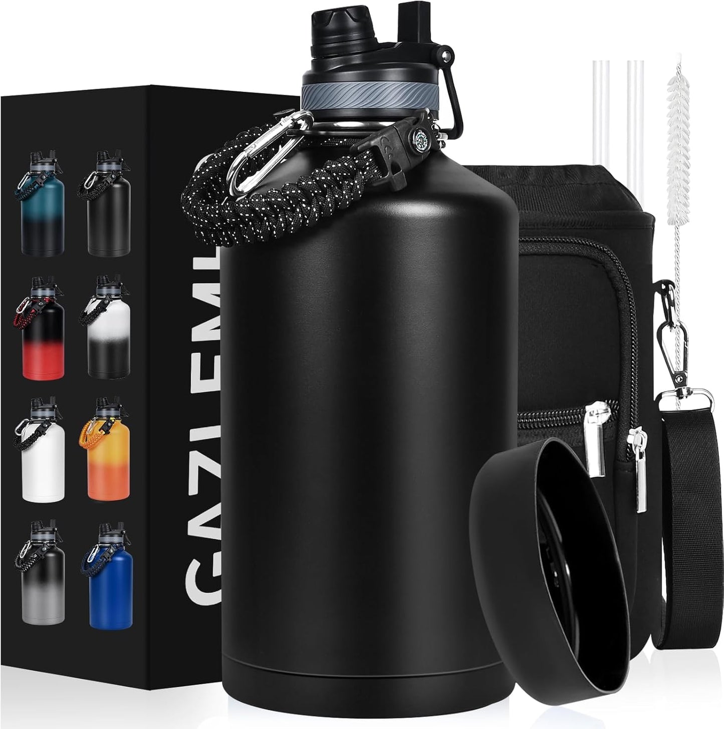 Skiennix 1 Gallon Insulated Water Bottle - Leak Proof Stainless Steel Jug with 2-in-1 Lid & Paracord Handle
