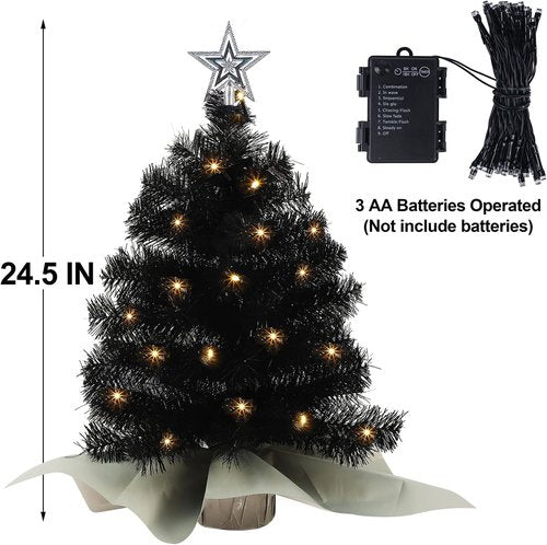 Juegoal Mini Black Christmas Tree - 24 Inch Lighted Tabletop Pine with 50 LED Lights | Battery Operated & Timer for Holiday Decor
