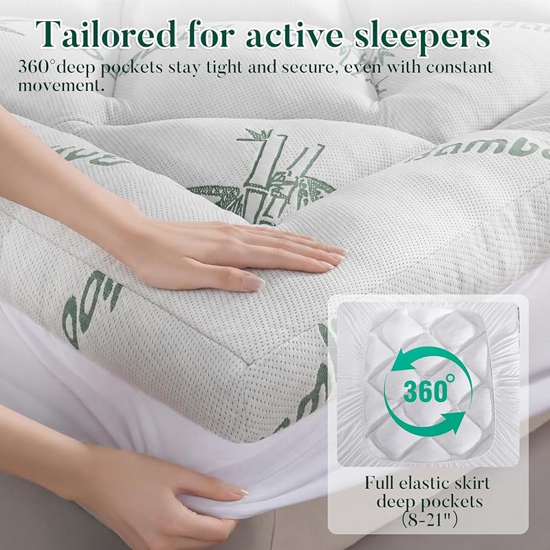 Queen Memory Foam Mattress Topper 3" with Bamboo Cooling 8-21" Deep Pocket - Green Variation