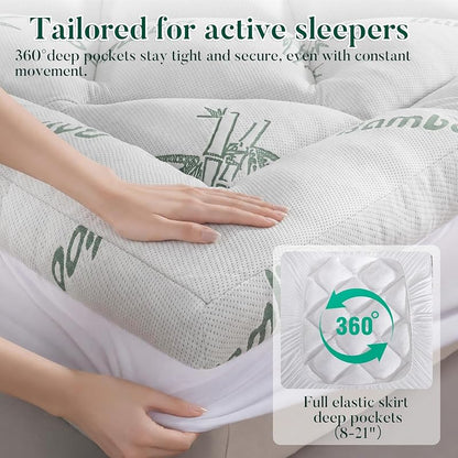 Queen Memory Foam Mattress Topper 3" with Bamboo Cooling 8-21" Deep Pocket - Green Variation