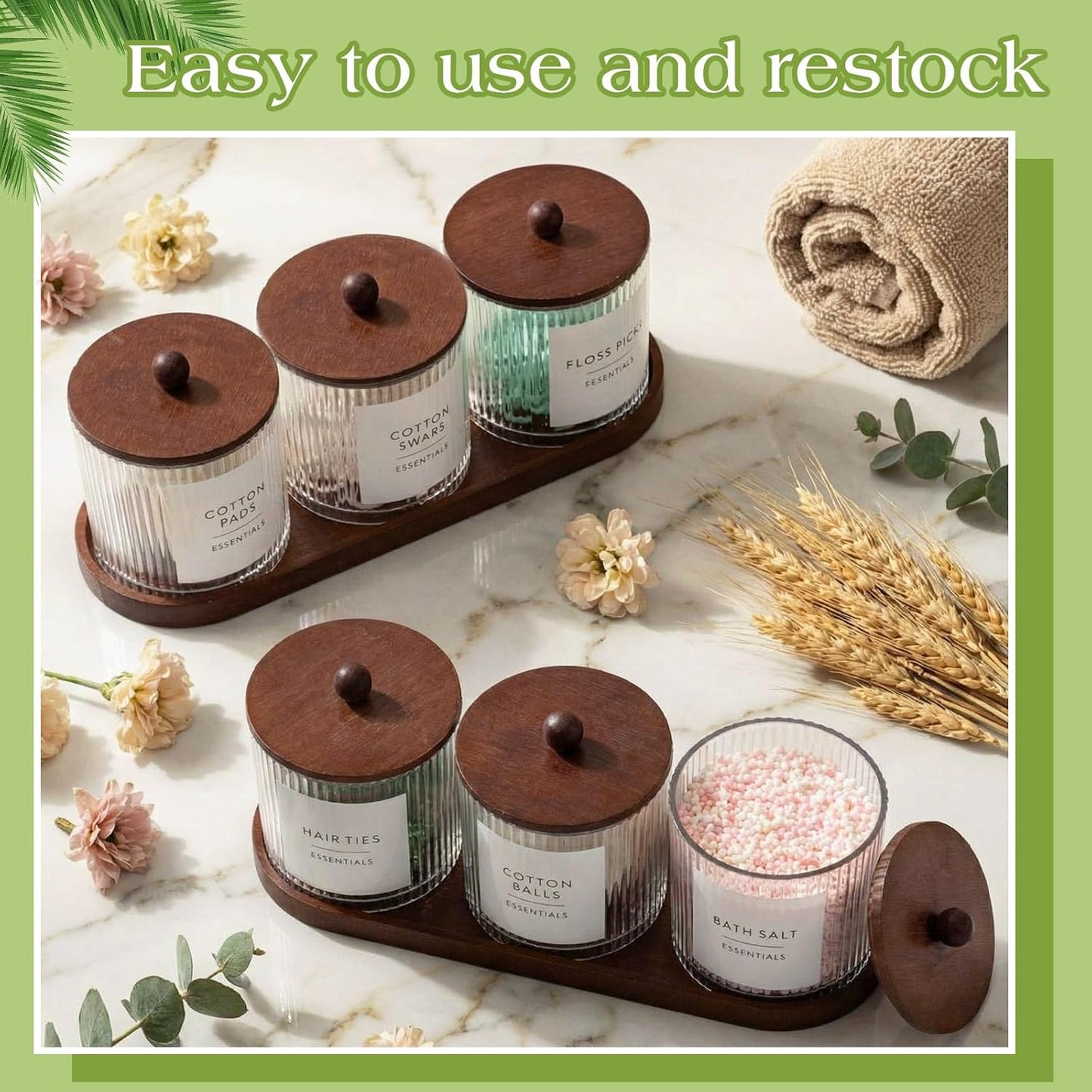 Vesici Bathroom Canisters Set - 6 Ribbed Apothecary Jars with Bamboo Lids & Trays | 18 oz Brown Storage Solution