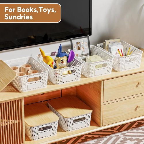8 Pack Plastic Storage Bins with Bamboo Lids - Stackable Organizer Baskets for Pantry, Office & Nursery