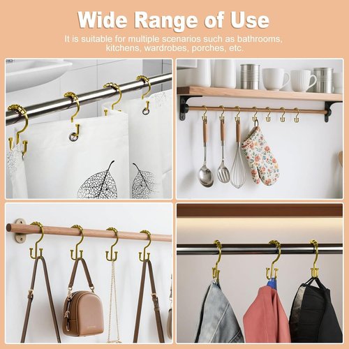 BBV Shower Curtain Hooks Rings, 12 Pcs Rust Resistant Metal Double Glide Shower Hooks for Bathroom Shower Rods Curtains (Gold)