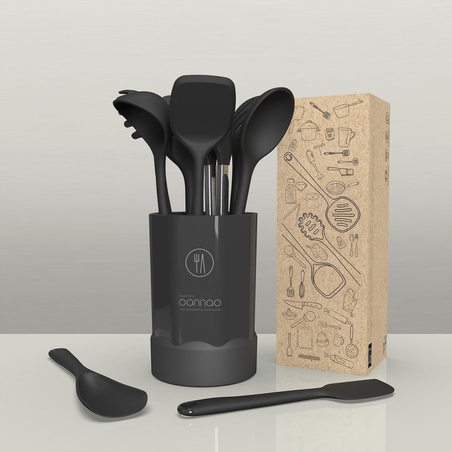 Silicone Kitchen Utensils Set, 600°F Heat Resistant Silicone Cooking Utensils, Spatula, Spoon, Whisk, Tongs, Kitchen Gadgets Tools Sets for Nonstick Cookware, Dishwasher Safe BPA Free (Black)