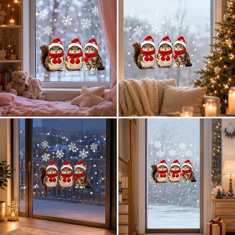 Christmas Window Cling Squirrel and Feline Static Decal - Variation C