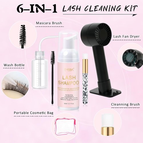 EMEDA Lash Shampoo Kit - Oil-Free Cleanser & Rechargeable Fan Dryer for Extensions & Natural Lashes - 2.02 fl oz