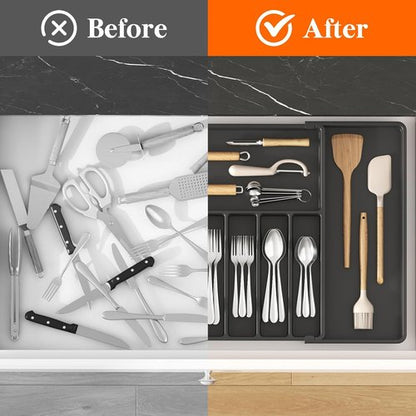 Lifewit Silverware Drawer Organizer, Expandable Utensil Tray for Kitchen, BPA Free Flatware and Cutlery Holder, Adjustable Plastic Storage for Spoons Forks Knives, 17- 30 x 18.5", Black