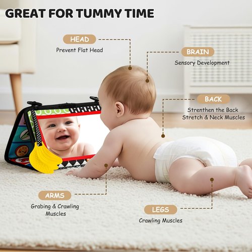 3PCS High Contrast Black & White Baby Toys - Tummy Time Mirror Infant Toys with Crinkle Cloth and Teether, Visual Stimulation Sensory Books for Newborns 0 3 6 12 Months, Shower Gift, Stocking Stuffers