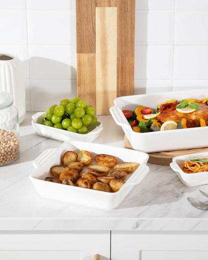 Sweejar Ceramic Bakeware Set - 4 Rectangular Casserole Dishes with Handles for Oven Cooking | White