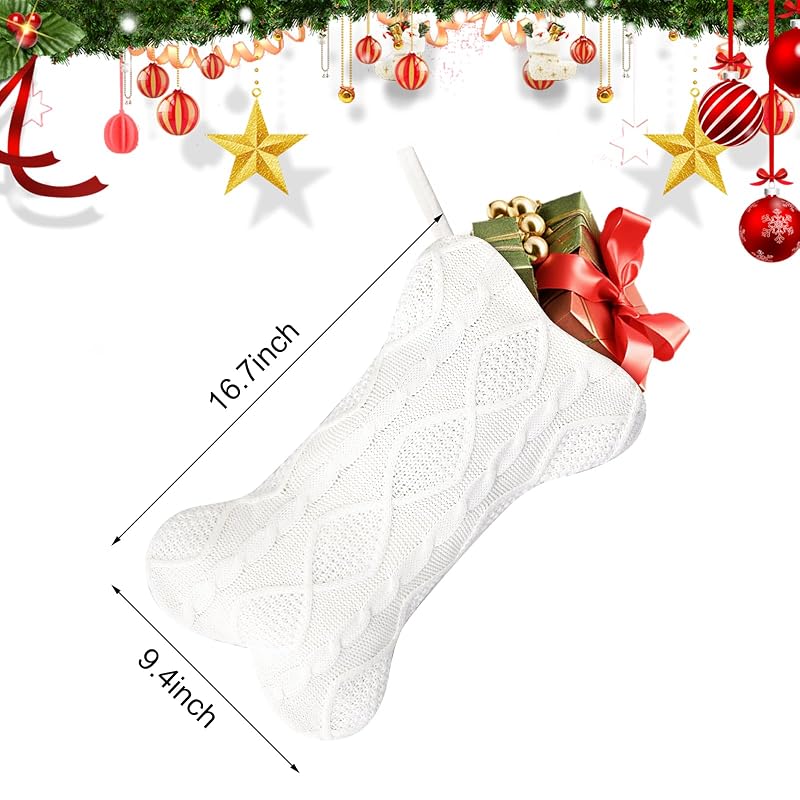 White Bone-Shaped Knitted Dog Christmas Stocking - Large 16.5" x 9.4"