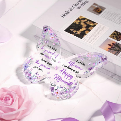 Unique Retirement Gift for Woman Men 2026, 5x3.8x0.5 Inch Purple Butterfly Acrylic Plaque Decor with Warm Words, Best Retirement Gifts for Coworker Teacher Friend Nurse Boss