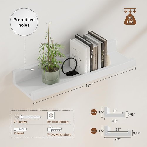 Heimlove 16 Inch Picture Ledge Shelf - Set of 8 White Floating Wall Shelves for Living Room & Nursery