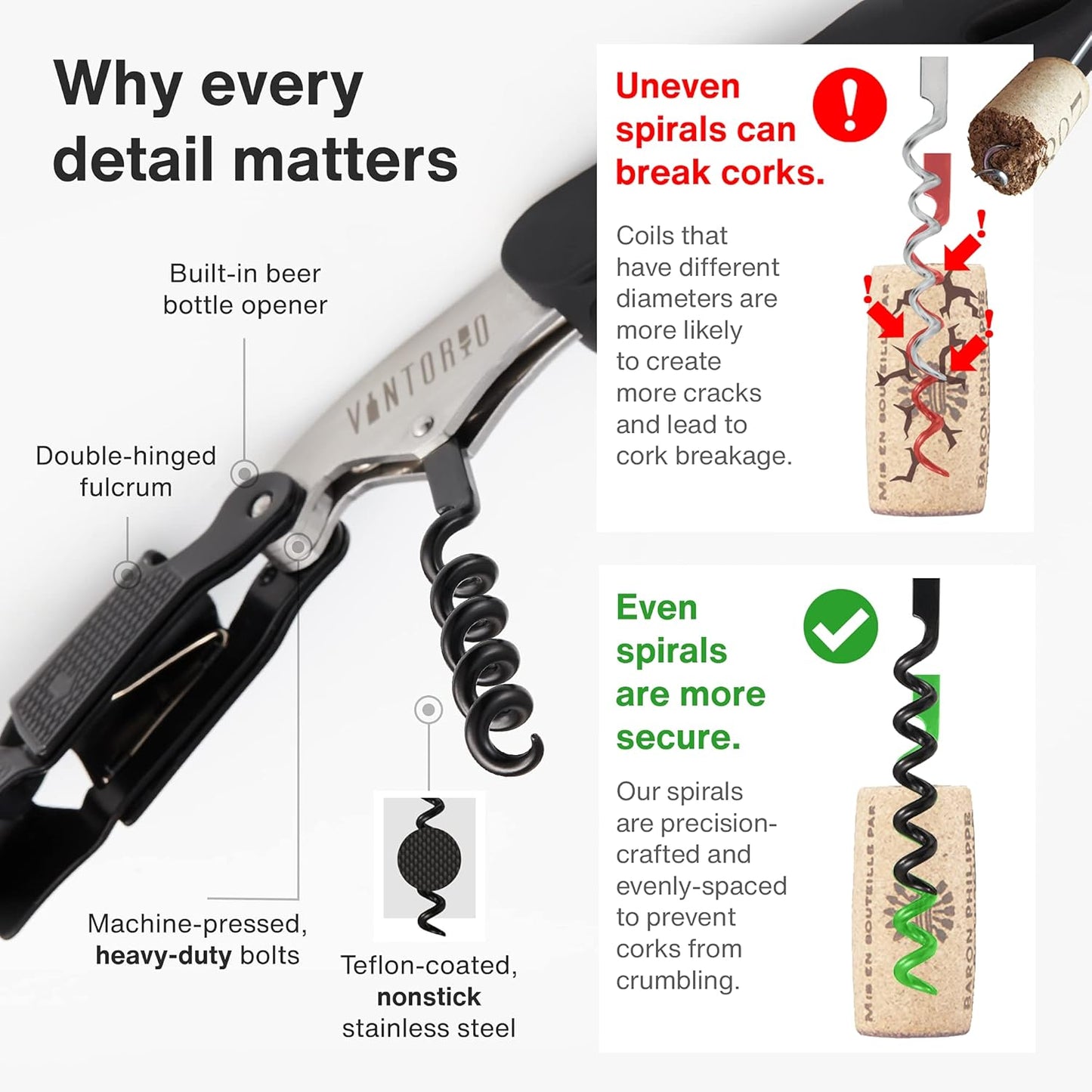 Vintorio Professional Waiters Corkscrew - Wine Key with Ergonomic Rubber Grip, Beer Bottle Opener and Foil Cutter (1 Pack)