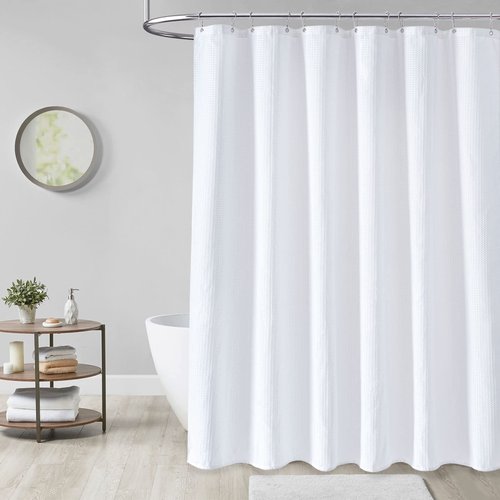 Dynamene Extra Wide Shower Curtain - 84 Inch Wide Waffle Weave Weighted Thick Cloth Bathroom Shower Curtain, Neutral Heavy Duty Hotel Bath Curtain Set with 14 Plastic Hooks, 84x72, White