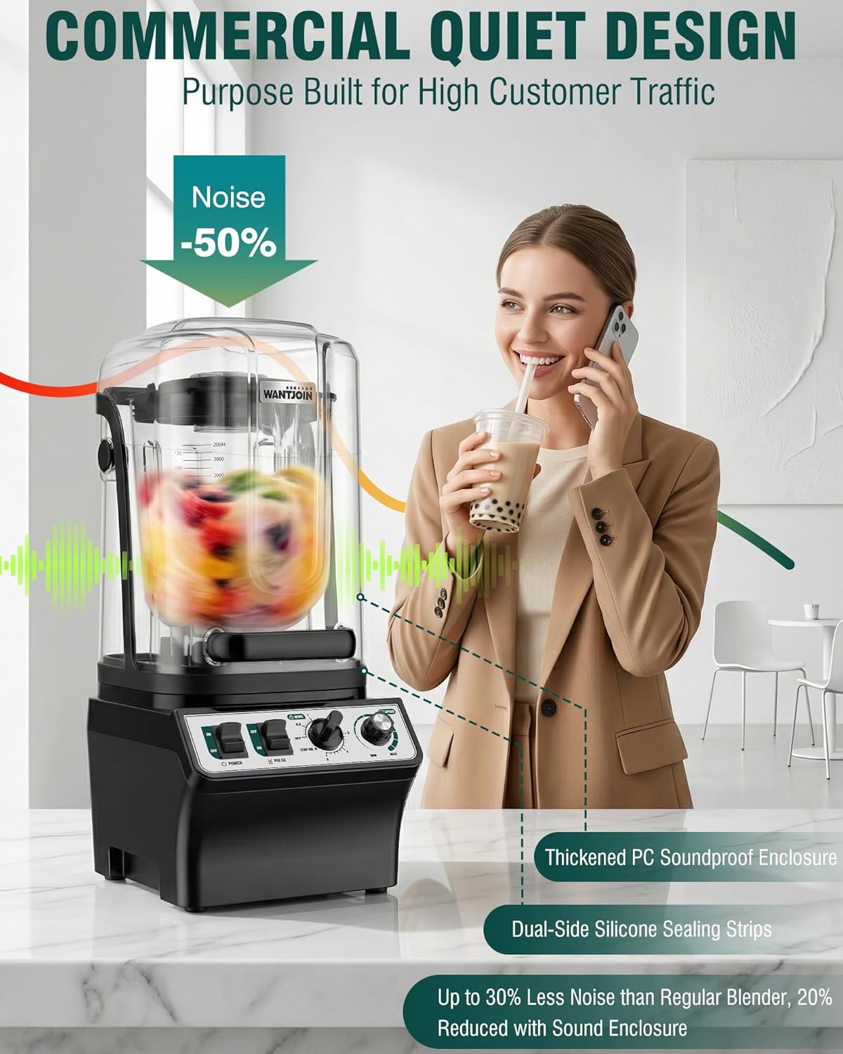 WantJoin Commercial Blender - 80Oz Quiet Smoothie Maker with Soundproof Shield & Self-Cleaning Feature