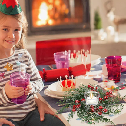 Regine Switzerland Christmas Candle Rings - 6 Pcs Artificial Wreaths with Red Berries & Snowy Pine for Festive Table Centerpieces