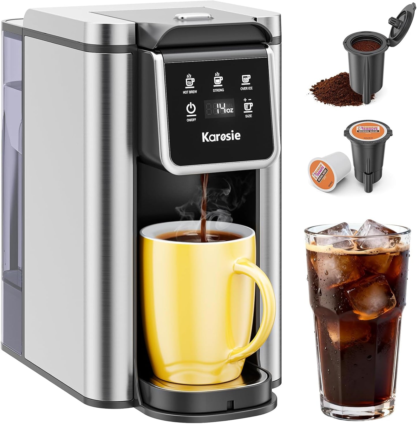 Skiennix K Cup Coffee Maker - Hot & Iced Brewing, 6-14 Oz Sizes, 50 Oz Removable Tank, Stainless Steel, Black