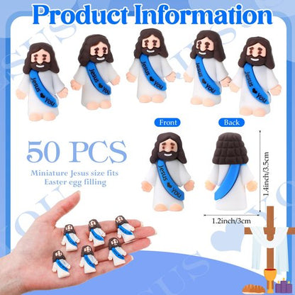 Bememo 50 Pcs Mini Jesus Figures Jesus Loves You Christ Toys Little Christ Figures to Hide and Seek Sunday School Religious Party Favors Gift(Blue)