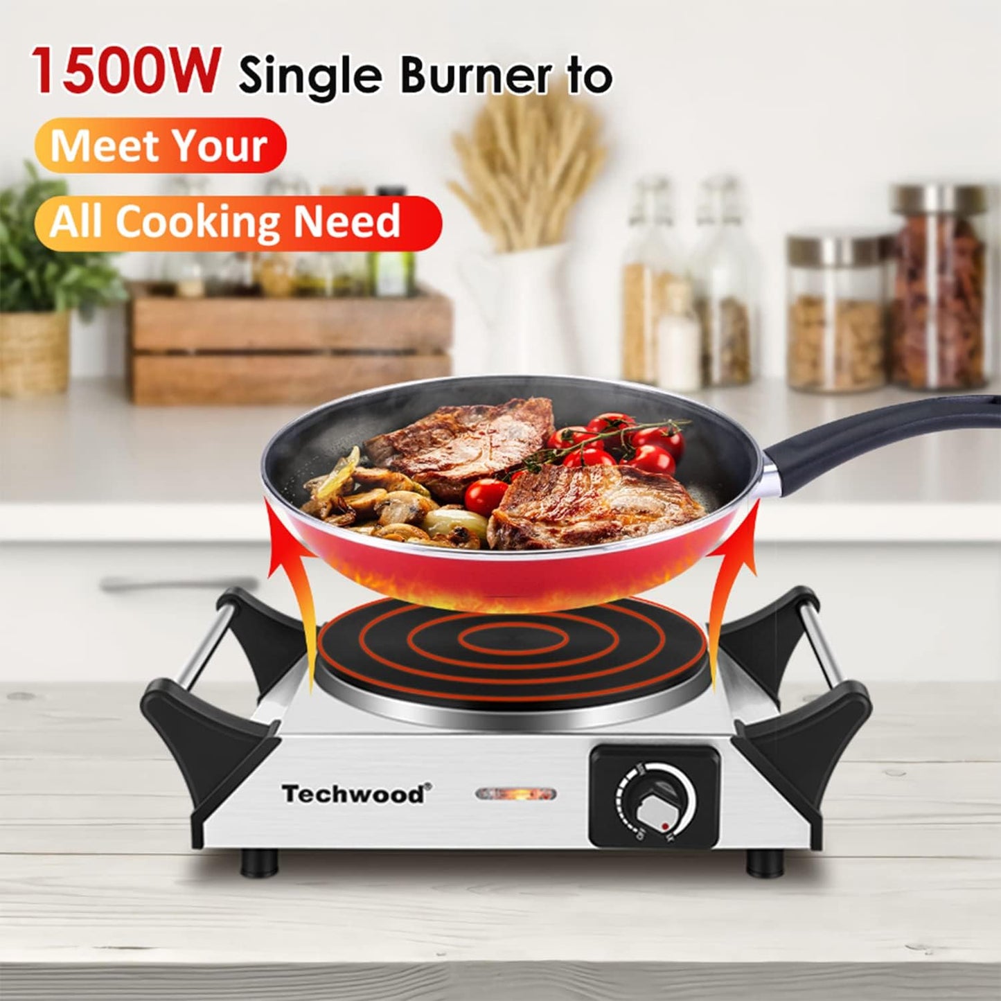 Techwood Single Burner Hot Plate - 1500W Electric Stove with Adjustable Temperature & Stay Cool Handles | 7.3" Cooktop in Silver for RV/Home