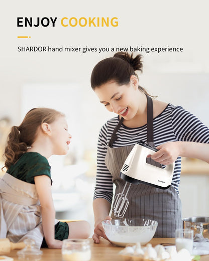 SHARDOR Electric Hand Mixer - 6 Speed Turbo with Snap-On Storage Case & 5 Stainless Steel Attachments - White