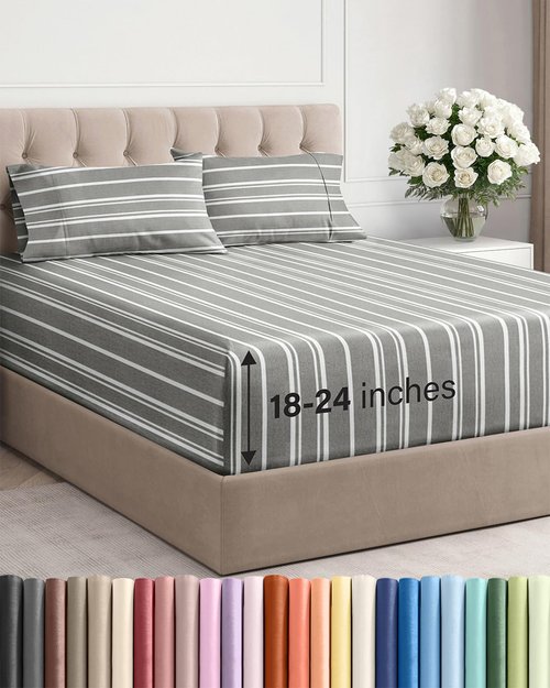Extra Deep Twin XL Sheet Set - 4 Piece Breathable and Cooling Sheets - Hotel Luxury Bedding for Women, Men, Kids & Teens - Easy Secure Fit - Soft & Wrinkle Free with Extra Deep Pockets - Grey Stripes