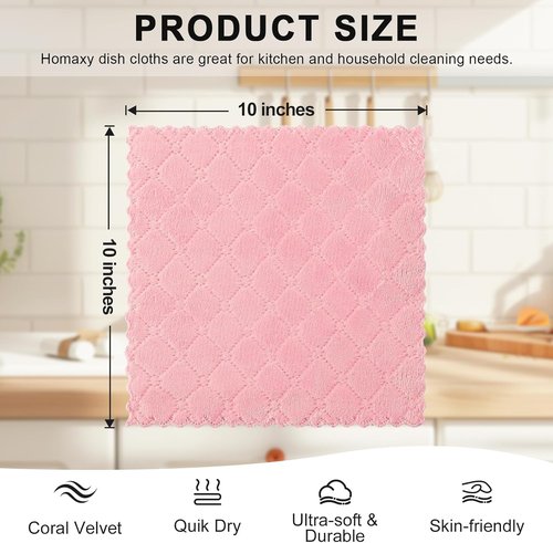 Homaxy Kitchen Dish Cloths - Super Soft & Absorbent Coral Velvet | 12 Pack, 10 x 10 Inches, Pink