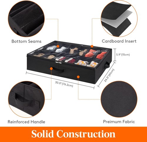 Lifewit Under Bed Shoe Storage | Set of 2 Foldable Fabric Containers for 24 Pairs - Black
